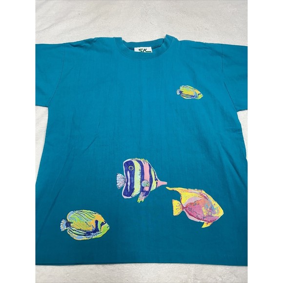 Vintage SK Sport  Fish Painted Lagenlook Oversized Boxy Size Large Teal T-Shirt - Picture 2 of 7